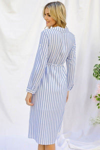 Stripe Print Cinched Waist Long Sleeve Shirt Midi Dress