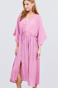 Elbow Sleeve Waist Ribbon Tie Button Down Long Woven Cardigan