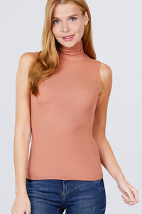 Sleeveless Shirring Turtle Neck Rib Knit Top