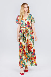 Short Sleeve V-neck Button Down Belted Print Woven Maxi Dress