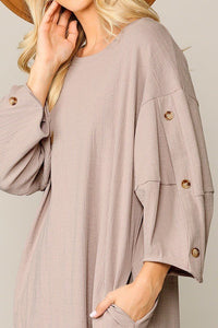 Textured Button Accent Puff Sleeve Side Pockets Shift Dress