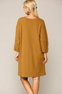 Textured Button Accent Puff Sleeve Side Pockets Shift Dress