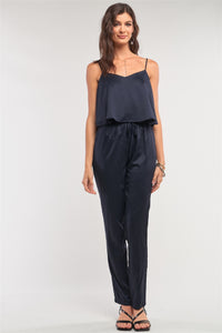 Navy Satin Sleeveless Soft Layered Jumpsuit