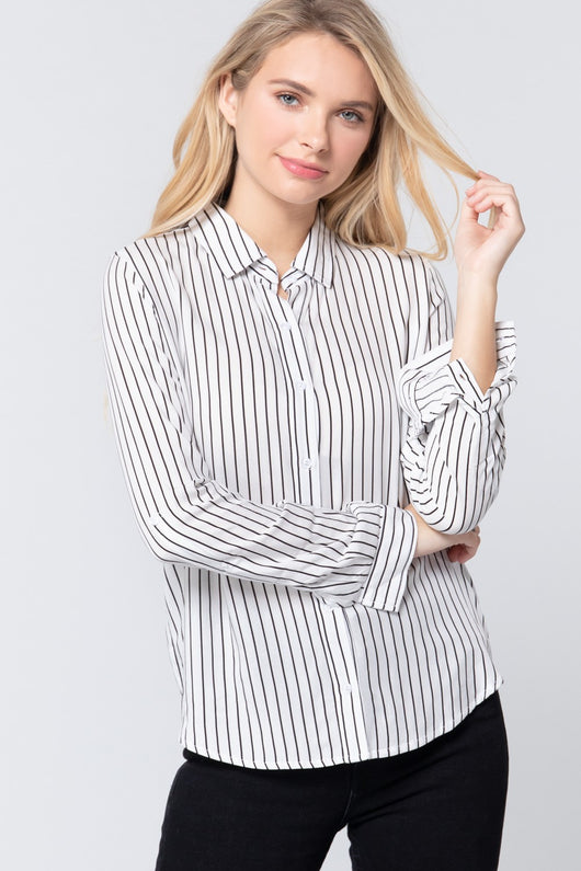 Striped Print Roll Up  Sleeves Shirt