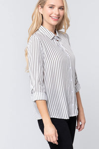 Striped Print Roll Up  Sleeves Shirt