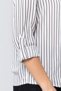 Striped Print Roll Up  Sleeves Shirt