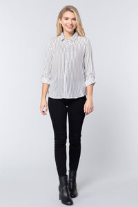 Striped Print Roll Up  Sleeves Shirt