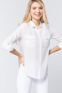 Polka Dotted Print Roll Up Sleeves Shirt