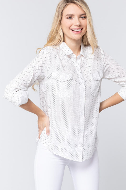 Polka Dotted Print Roll Up Sleeves Shirt