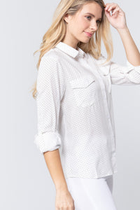 Polka Dotted Print Roll Up Sleeves Shirt