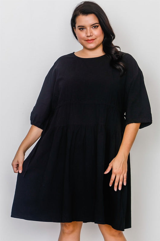 Plus Size Black Tie Sleeve Loose Midi Dress