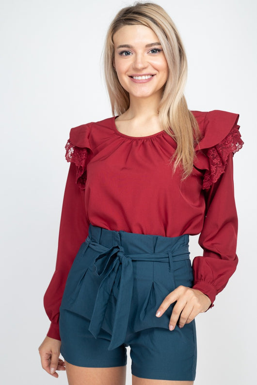 Balloon Sleeve Lace Ruffle Top