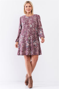 Plus Washed Burgundy Floral Print Long Puff Sleeve Relaxed Mini Dress