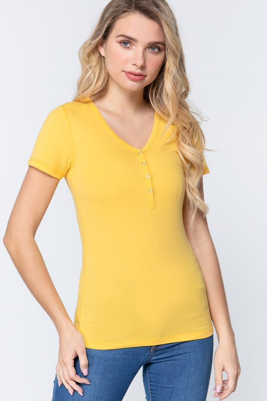 Short Sleeve V-neck Henley Knit Top