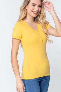 Short Sleeve V-neck Henley Knit Top