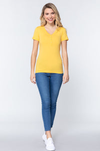 Short Sleeve V-neck Henley Knit Top