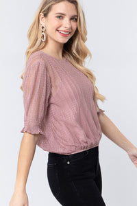 Elbow Sleeve Dot Mesh Top with Cami