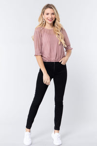 Elbow Sleeve Dot Mesh Top with Cami