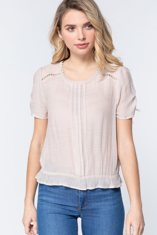 Short Shirring Sleeve Pleated Woven Top