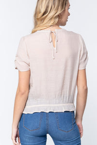 Short Shirring Sleeve Pleated Woven Top